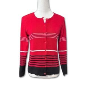 Rafaella Cardigan Sweater Cotton Blend Knit Button Front Closure Striped Red W S